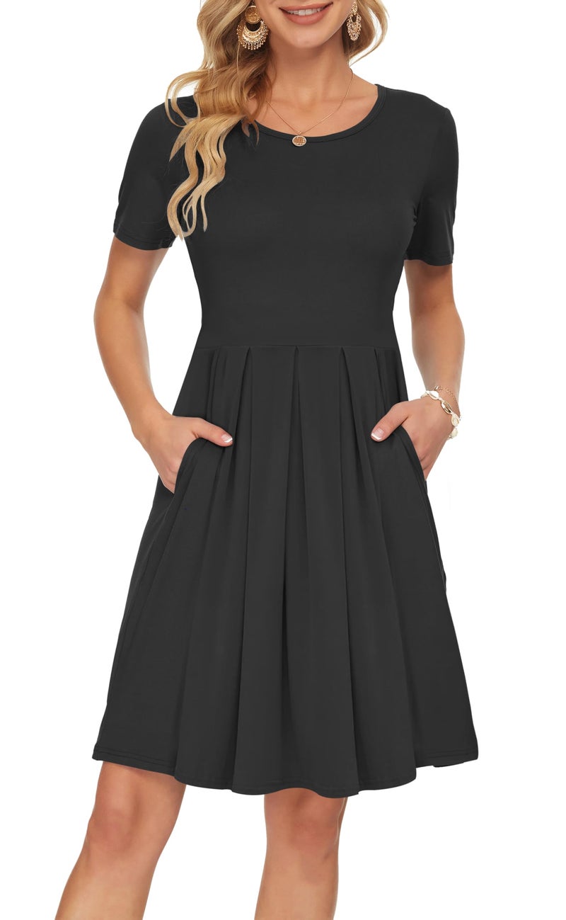 AUSELILY Women's Short Sleeve Summer Dress Pleated Loose Swing Knee Length Dresses with Pockets 2026 Black S - Image 1